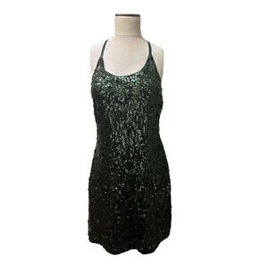 Maner Green Sequin Mini Dress Straps Sleeveless Lined Scoop Cocktail Party Sz L